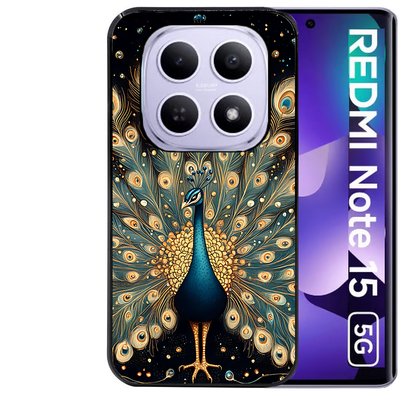 Coque noire taperso pour Redmi Note 15 et PRO PLUS 4G 5G avec motif paon mandala protection antichoc personnalisée