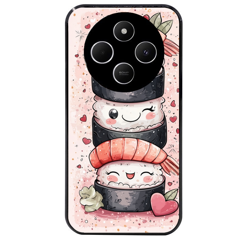 Coque noire taperso pour POCO C75 avec motif sushi kawai anime protection antichoc personnalisée
