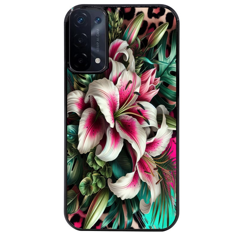 Coque noire taperso pour OPPO A54 et A74 5G avec motif leopard hibiscus protection antichoc personnalisée