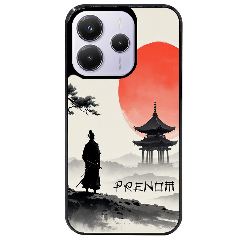 Coque noire taperso pour Redmi Note 14 et PRO PLUS 4G 5G avec motif samourai et temple personnalisee protection antichoc personnalisée