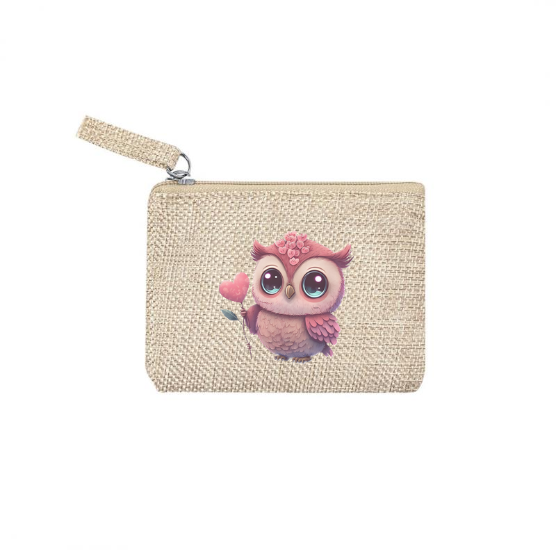 Pochette personnalisée motif chouette cœur en toile et simili cuir personnalisée