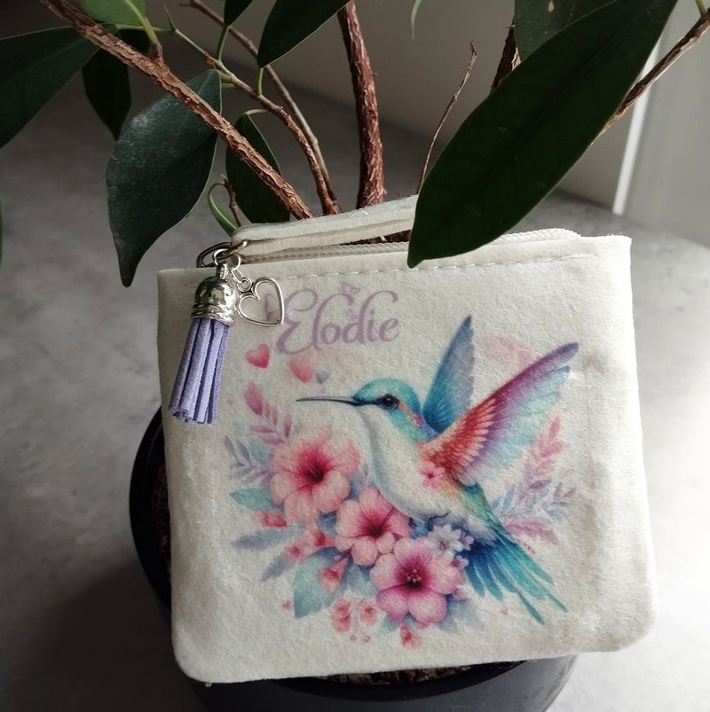 Porte monnaie personnalisé colibri pastel ivoire en feutrine