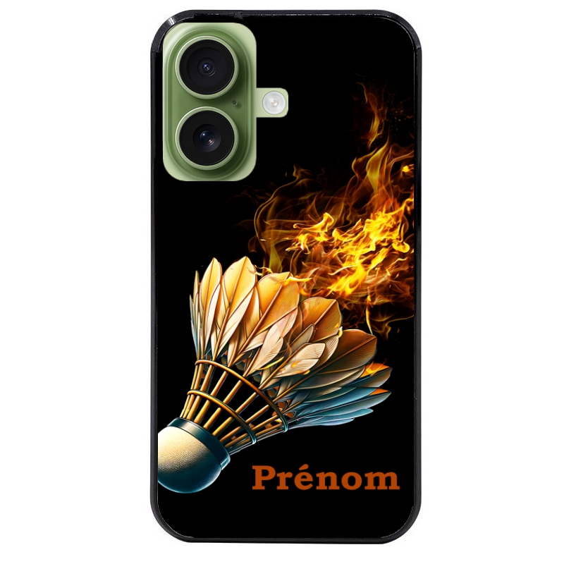 Coque noire taperso pour Iphone 16 16E PLUS MAX PRO avec motif badminton flamme personnalise protection antichoc personnalisée