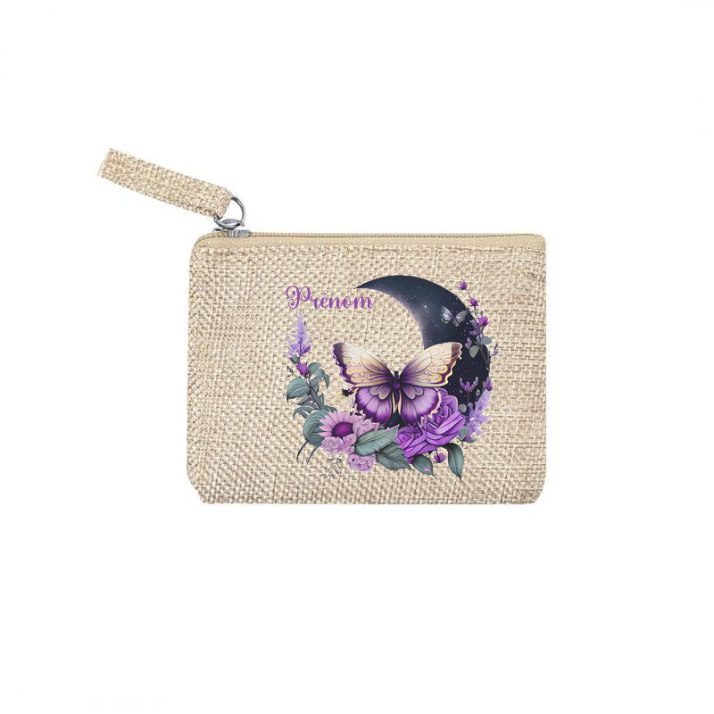 Pochette personnalisée motif papillon lune en toile et simili cuir personnalisée