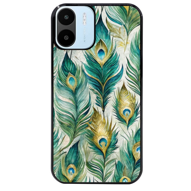 Coque noire taperso pour Redmi A1 et A2 avec motif paon plumes protection antichoc personnalisée