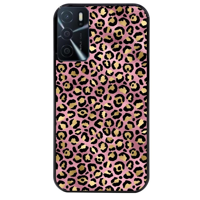 Coque noire taperso pour OPPO A16 et A16S avec motif leopard rose protection antichoc personnalisée