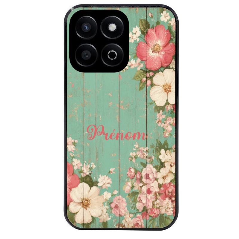 Coque noire taperso pour Honor 70 LITE 90 et LITE avec motif bois et fleur avec votre prenom protection antichoc personnalisée