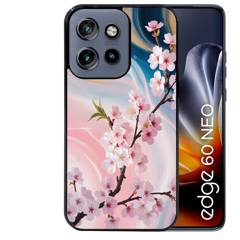 Coque noire taperso pour Moto Edge 60 et Neo Fusion Pro avec motif marbre fleur cerisier protection antichoc personnalisée