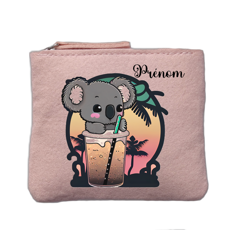 Porte monnaie personnalisé motif koala bubble rose clair en feutrine en feutrine