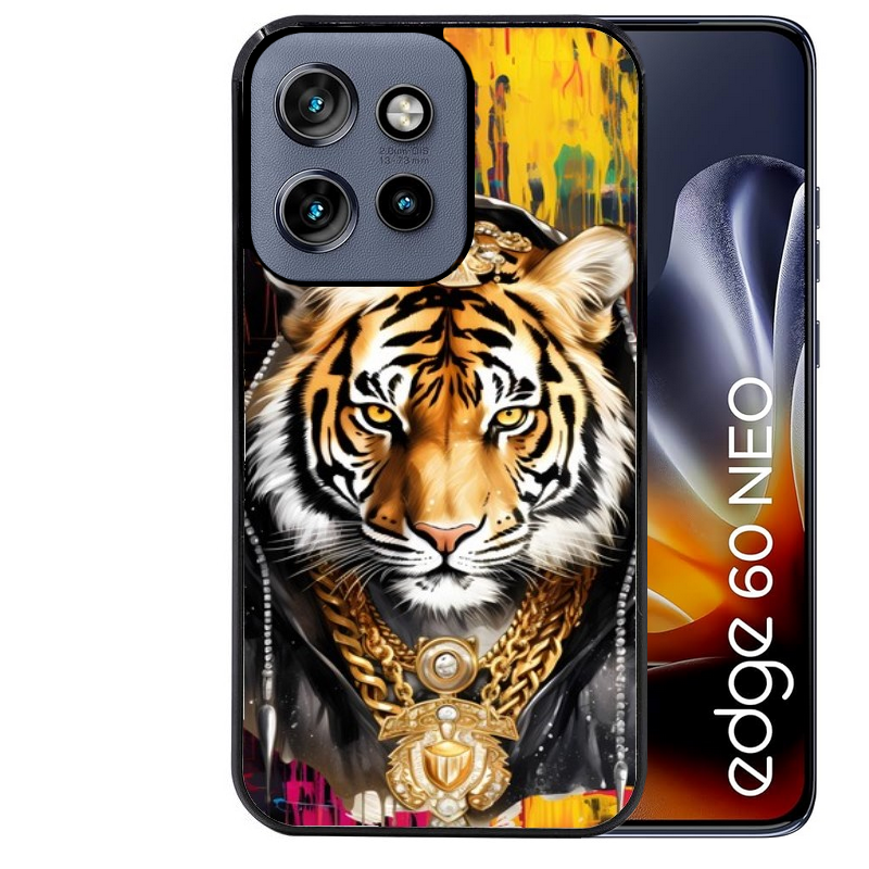 Coque noire taperso pour Moto Edge 60 et Neo Fusion Pro avec motif tigre style hip hop protection antichoc personnalisée