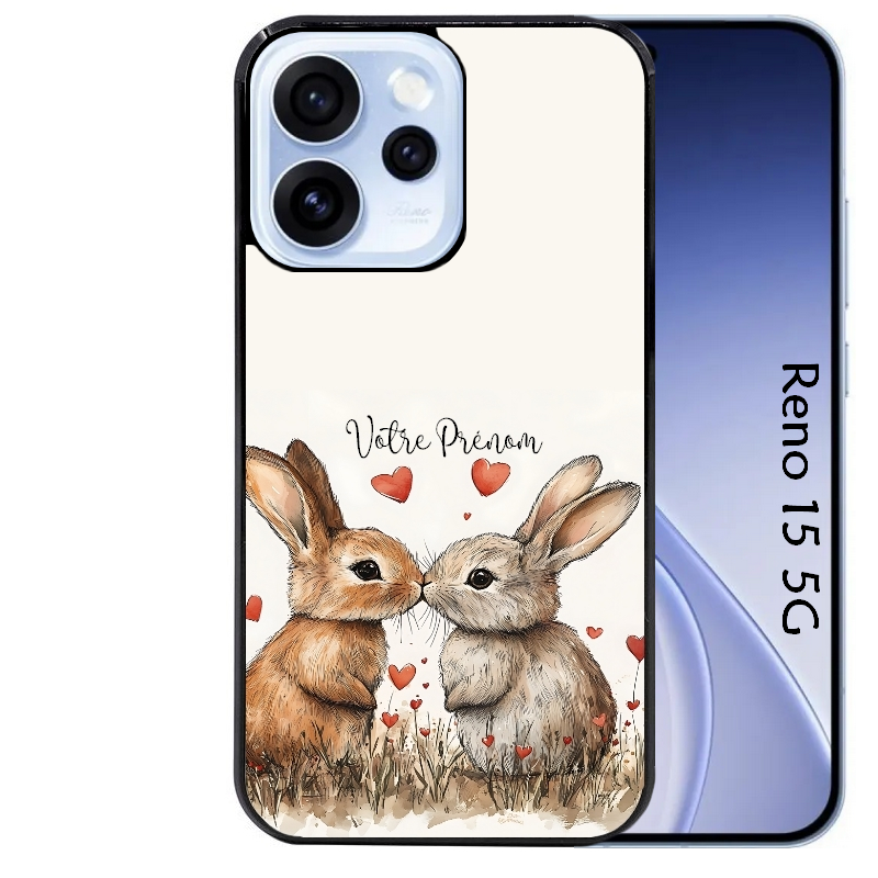 Coque noire taperso pour OPPO Reno 15 et F FS 5G avec motif lapin coeur avec prenom protection antichoc personnalisée