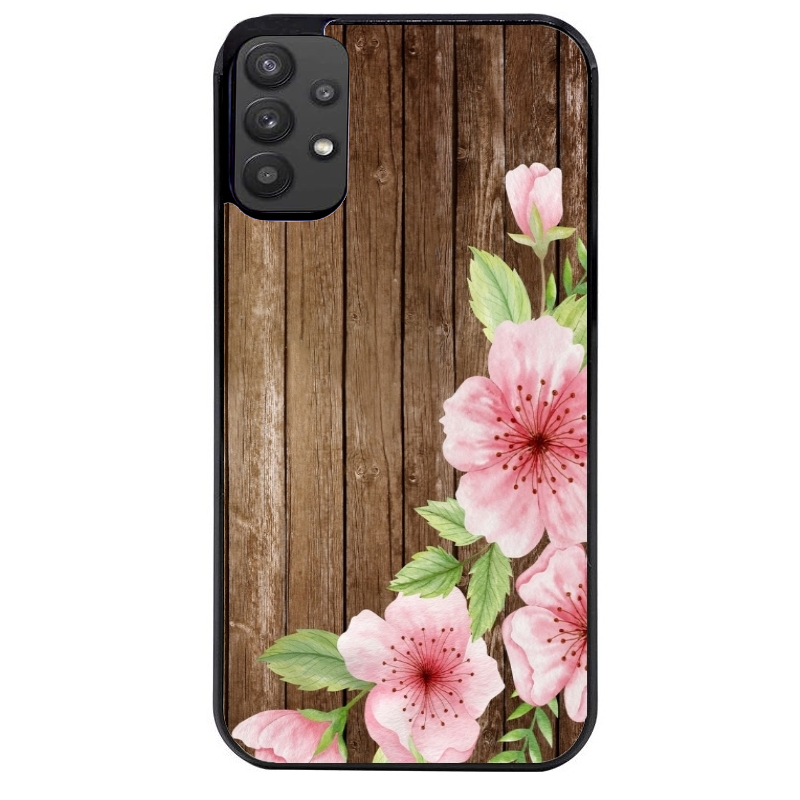 Coque noire taperso pour galaxy A22 A32 A52 A52S 4G 5G  avec motif bois avec fleur rose protection antichoc personnalisée