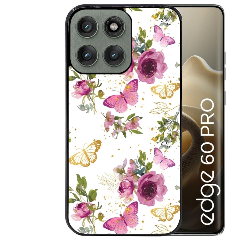 Coque noire taperso pour Moto Edge 60 et Neo Fusion Pro avec motif fleur et papillon protection antichoc personnalisée