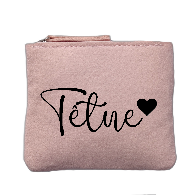 Porte monnaie personnalisé motif tetue coeur rose clair en feutrine en feutrine