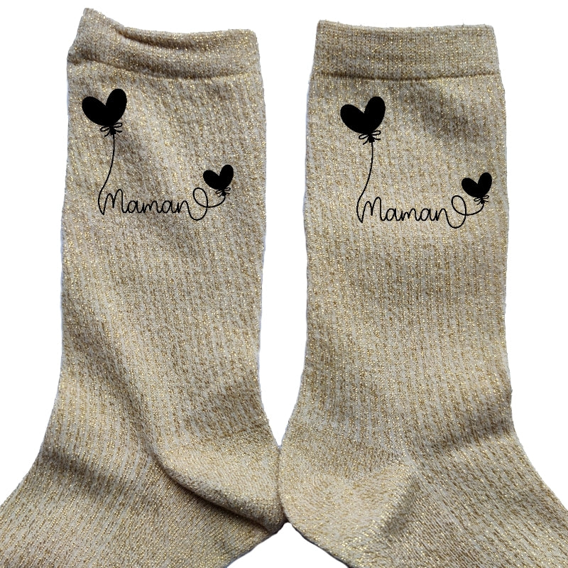 Chaussettes paillettes doré motif maman coeur