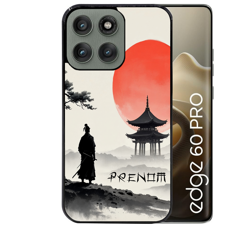 Coque noire taperso pour Moto Edge 60 et Neo Fusion Pro avec motif samourai et temple personnalisee protection antichoc personnalisée