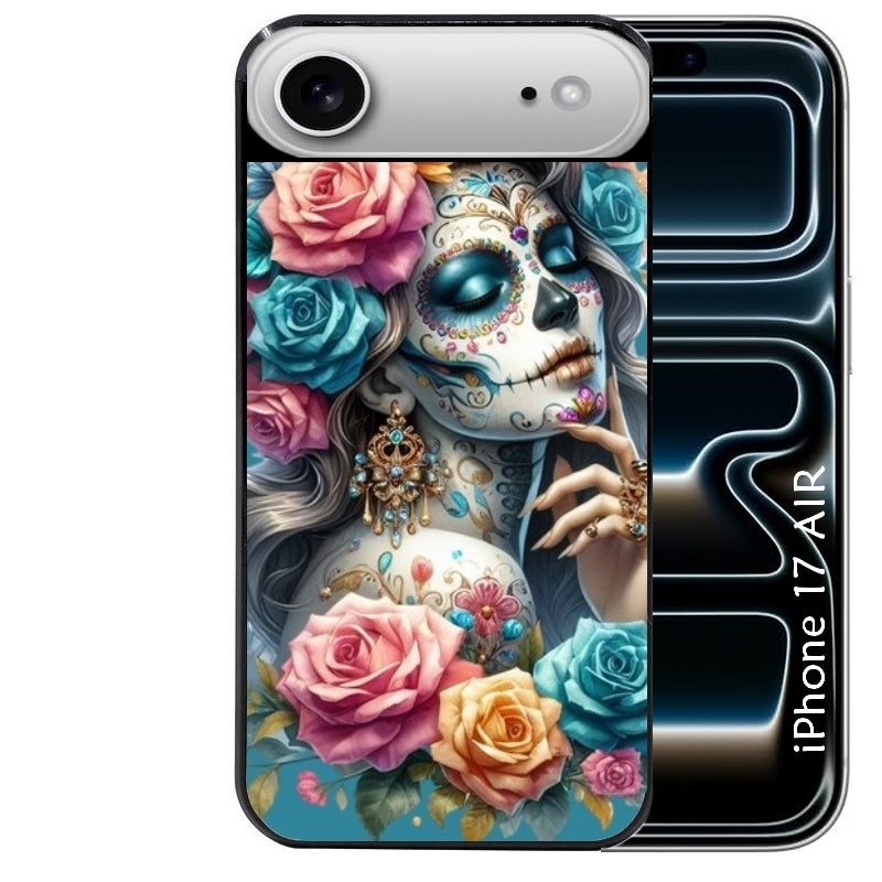 Coque noire taperso pour Iphone 17 17E AIR MAX PRO avec motif tete de mort calavera bleu protection antichoc personnalisée