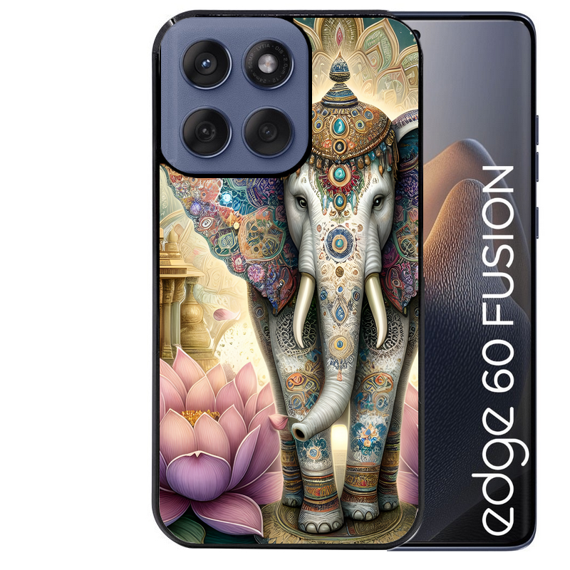 Coque noire taperso pour Moto Edge 60 et Neo Fusion Pro avec motif elephant et lotus protection antichoc personnalisée