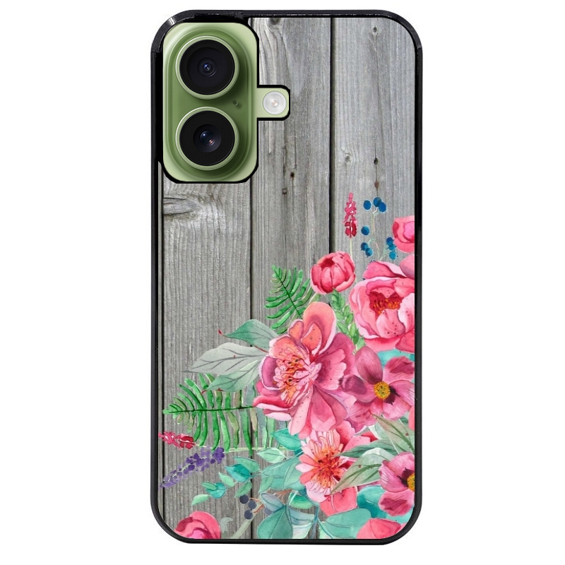 Coque noire taperso pour Iphone 16 16E PLUS MAX PRO avec motif bois gris et fleur rose protection antichoc personnalisée
