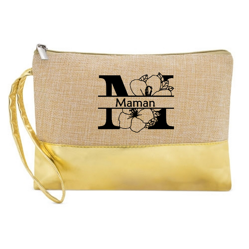 Pochette personnalisée prénom fleur en jute et doré en jute et doré