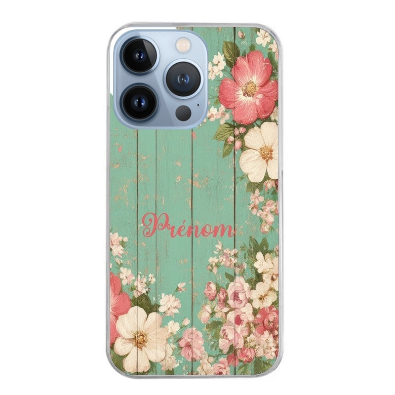 Coque taperso pour Iphone 11 et PRO PRO MAX avec motif bois et fleur avec votre prenom protection antichoc personnalisée
