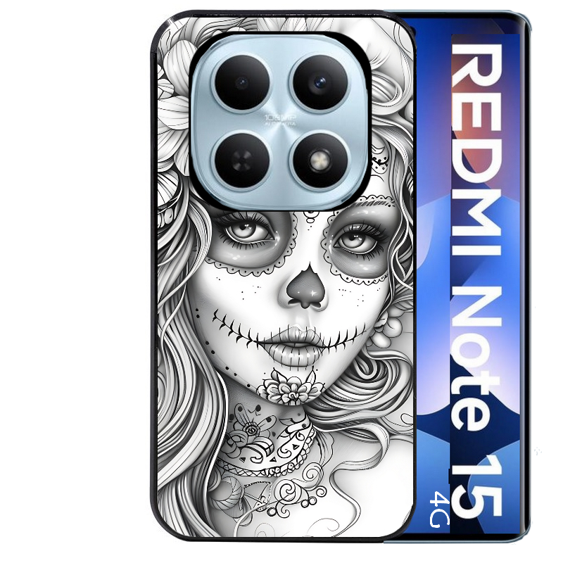Coque noire taperso pour Redmi Note 15 et PRO PLUS 4G 5G avec motif mort calavera tatoo protection antichoc personnalisée