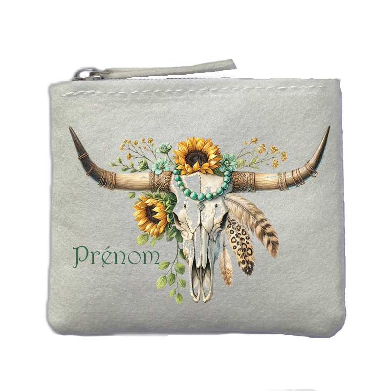 Porte monnaie personnalisé skull bull plumes ivoire en feutrine en feutrine ivoire