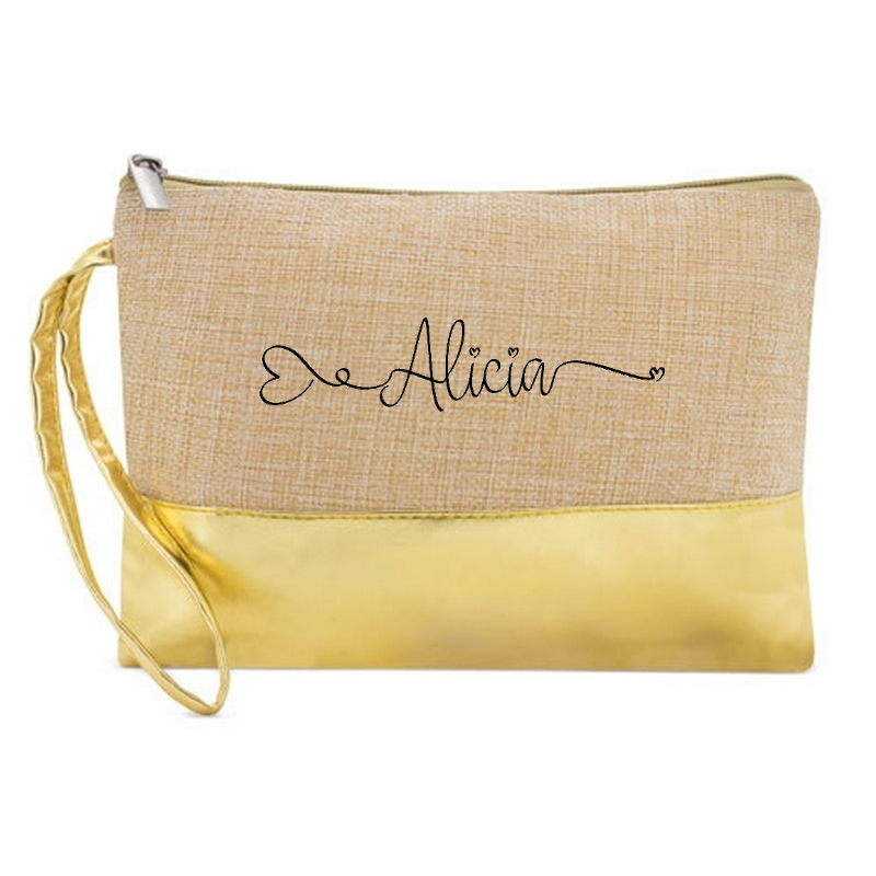 Pochette personnalisée prénom double cœur en jute et doré en jute et doré