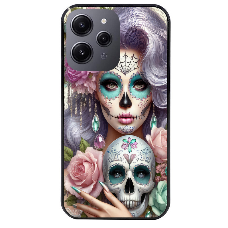 Coque noire taperso pour Redmi 12 4G et 5G avec motif tete de mort calavera bijoux protection antichoc personnalisée
