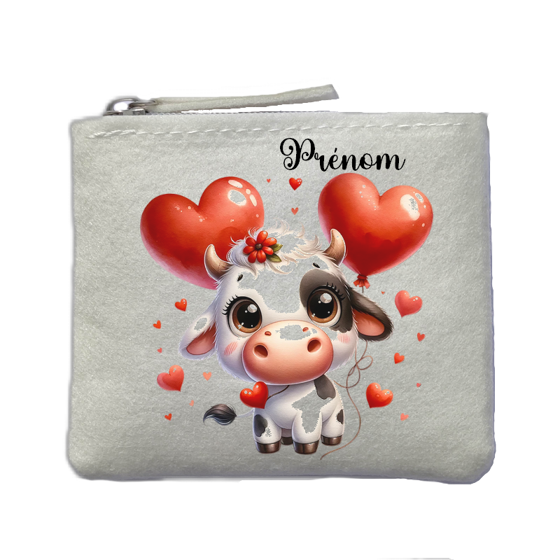 Porte monnaie personnalisé vache coeur ivoire en feutrine en feutrine ivoire