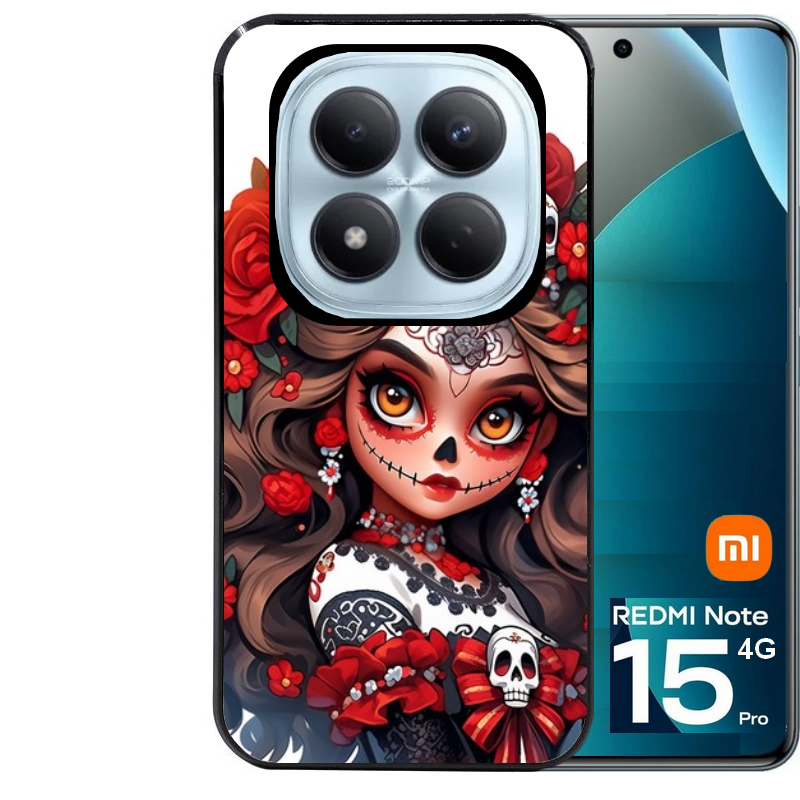 Coque noire taperso pour Redmi Note 15 et PRO PLUS 4G 5G avec motif tete de mort calavera rouge protection antichoc personnalisée