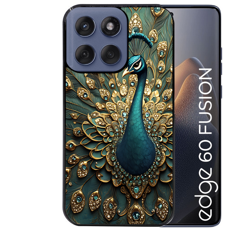 Coque noire taperso pour Moto Edge 60 et Neo Fusion Pro avec motif paon bijoux protection antichoc personnalisée