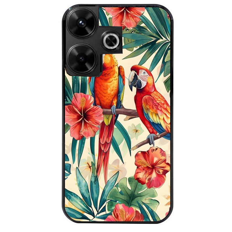 Coque noire taperso pour POCO M6 4G avec motif perroquet et fleurs protection antichoc personnalisée
