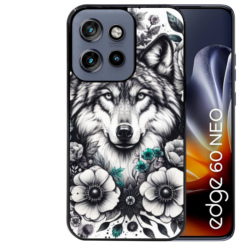 Coque noire taperso pour Moto Edge 60 et Neo Fusion Pro avec motif loup et fleur protection antichoc personnalisée