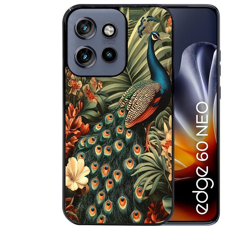 Coque noire taperso pour Moto Edge 60 et Neo Fusion Pro avec motif paon tropical protection antichoc personnalisée