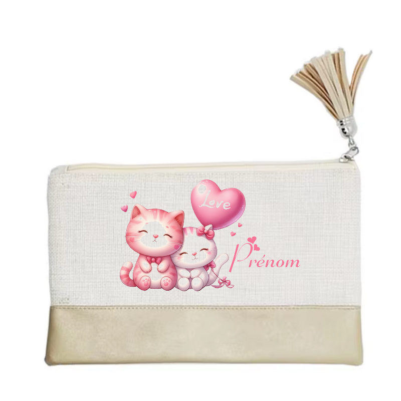Pochette personnalisée motif chat love en toile et simili cuir personnalisée