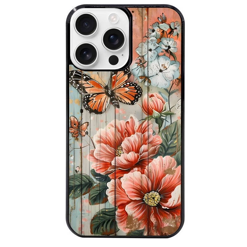 Coque noire taperso pour Iphone 16 16E PLUS MAX PRO avec motif bois et papillon 3 protection antichoc personnalisée