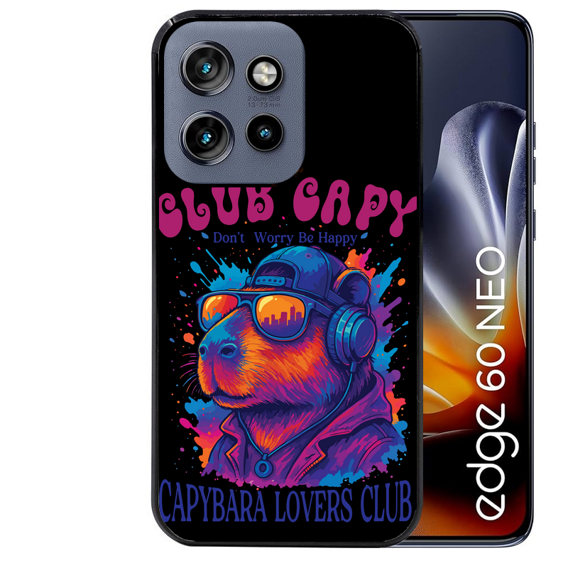 Coque noire taperso pour Moto Edge 60 et Neo Fusion Pro avec motif capybara club protection antichoc personnalisée