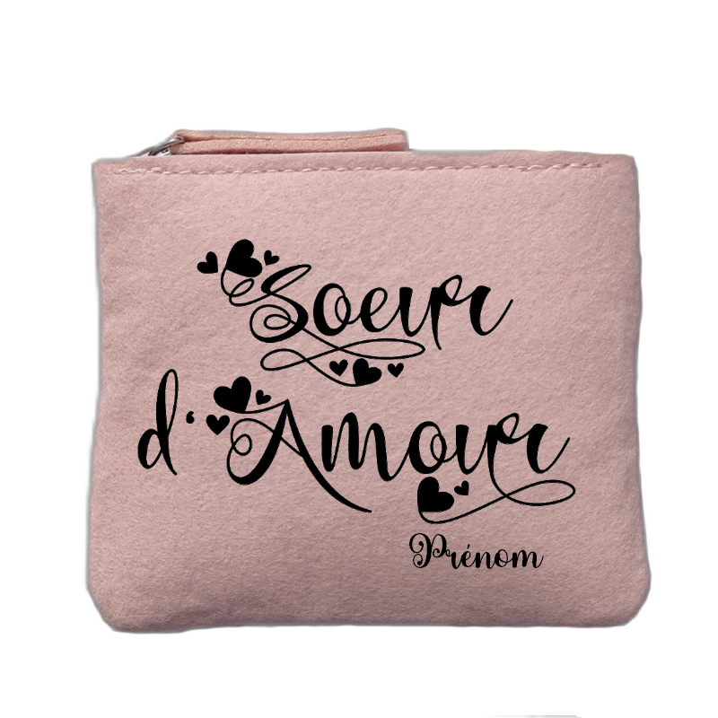 Porte monnaie personnalisé motif soeur d'amour rose clair en feutrine en feutrine