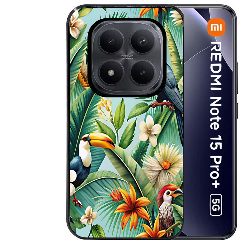 Coque noire taperso pour Redmi Note 15 et PRO PLUS 4G 5G avec motif perroquet tropical protection antichoc personnalisée