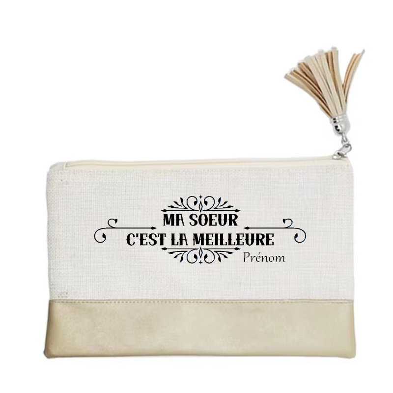 Pochette personnalisée motif soeur la meilleure en toile et simili cuir personnalisée