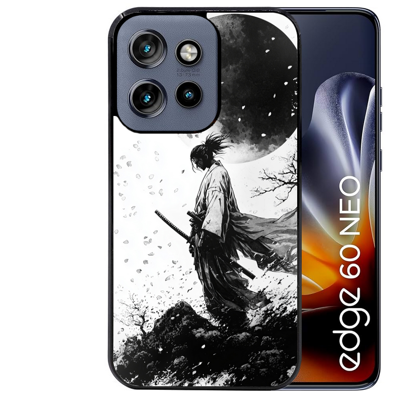Coque noire taperso pour Moto Edge 60 et Neo Fusion Pro avec motif samourai et lune protection antichoc personnalisée