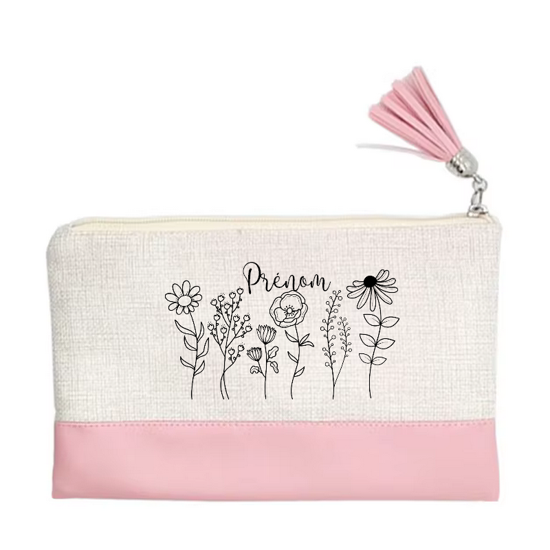 Pochette personnalisée motif fleur line art en toile et simili cuir personnalisée
