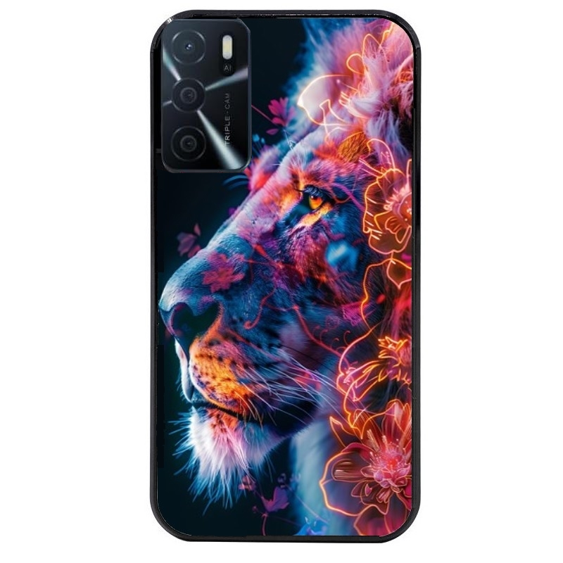 Coque noire taperso pour OPPO A16 et A16S avec motif lion fluo protection antichoc personnalisée