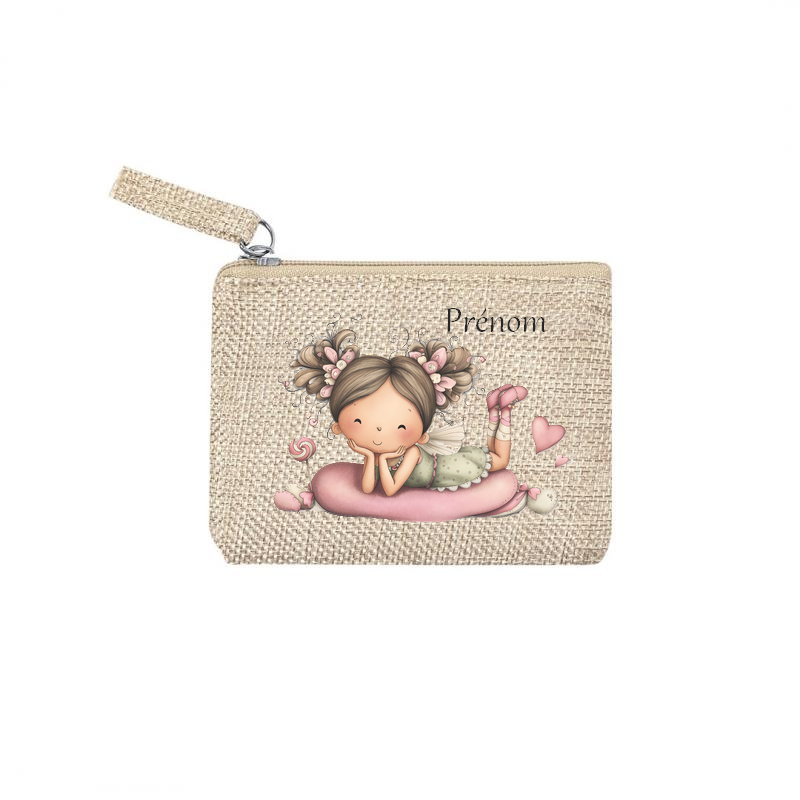 Pochette personnalisée motif fée cœur en toile et simili cuir personnalisée