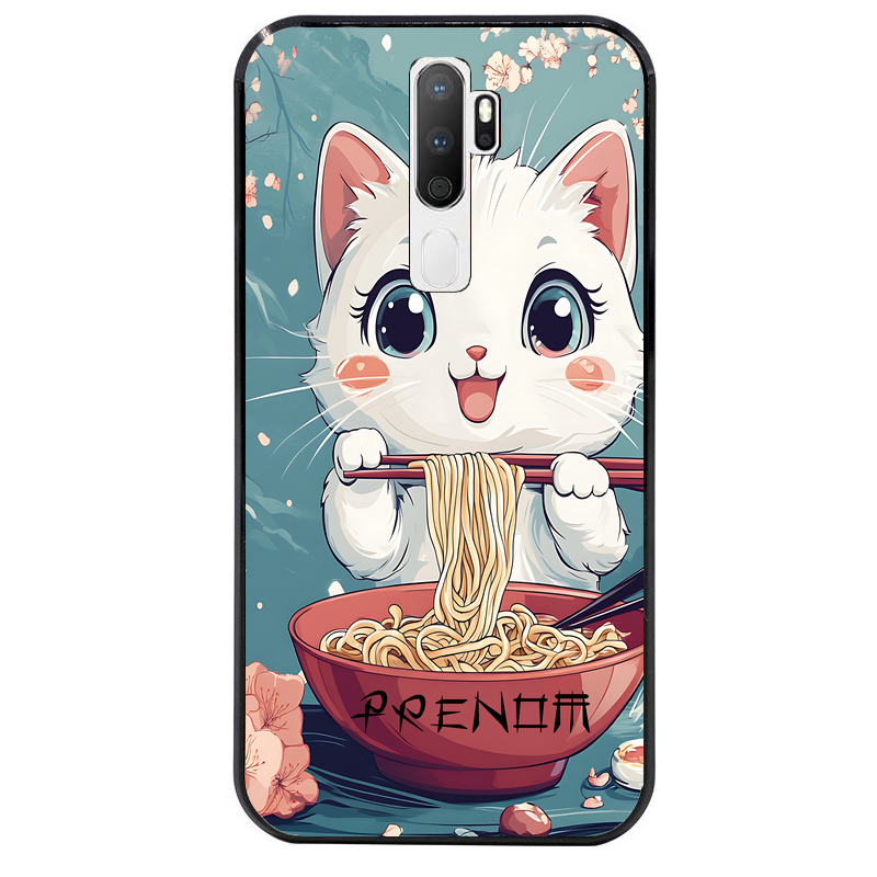 Coque noire taperso pour OPPO A5 A9 2020 avec motif chat ramen cerisier protection antichoc personnalisée