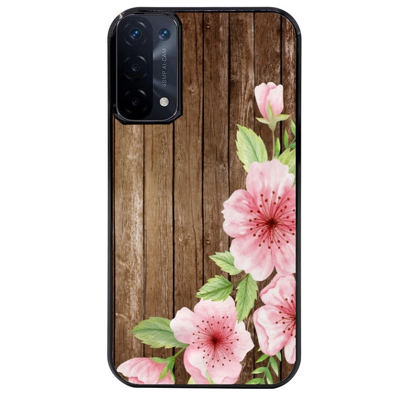 Coque noire taperso pour OPPO A54 et A74 5G avec motif bois avec fleur rose protection antichoc personnalisée