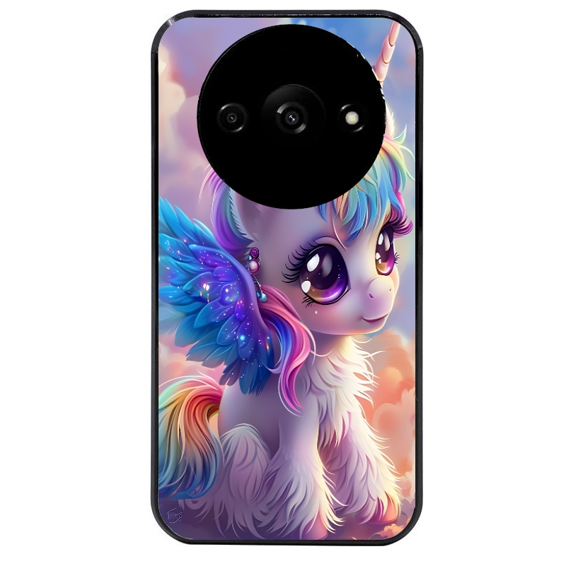 Coque noire taperso pour Redmi A3 avec motif licorne style anime protection antichoc personnalisée