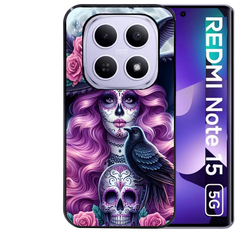 Coque noire taperso pour Redmi Note 15 et PRO PLUS 4G 5G avec motif tete de mort calavera et corbeau protection antichoc personnalisée