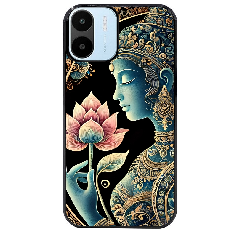 Coque noire taperso pour Redmi A1 et A2 avec motif bouddha et lotus protection antichoc personnalisée